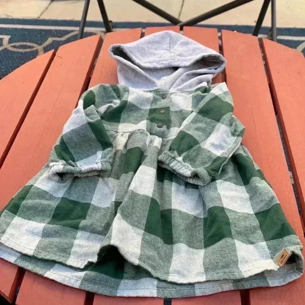 (five  for $25 ) Canadiana flannel dress w hood and three snaps down the front